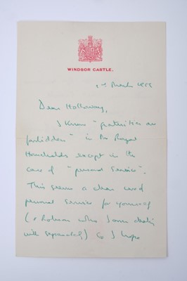 Lot 17 - The Right Honourable Admiral of the Fleet Earl Mountbatton of Burma - handwritten double sided letter dated 2nd March 1955 to Mr William Holloway, The Duke of Edinburgh's Page, written on Windsor...