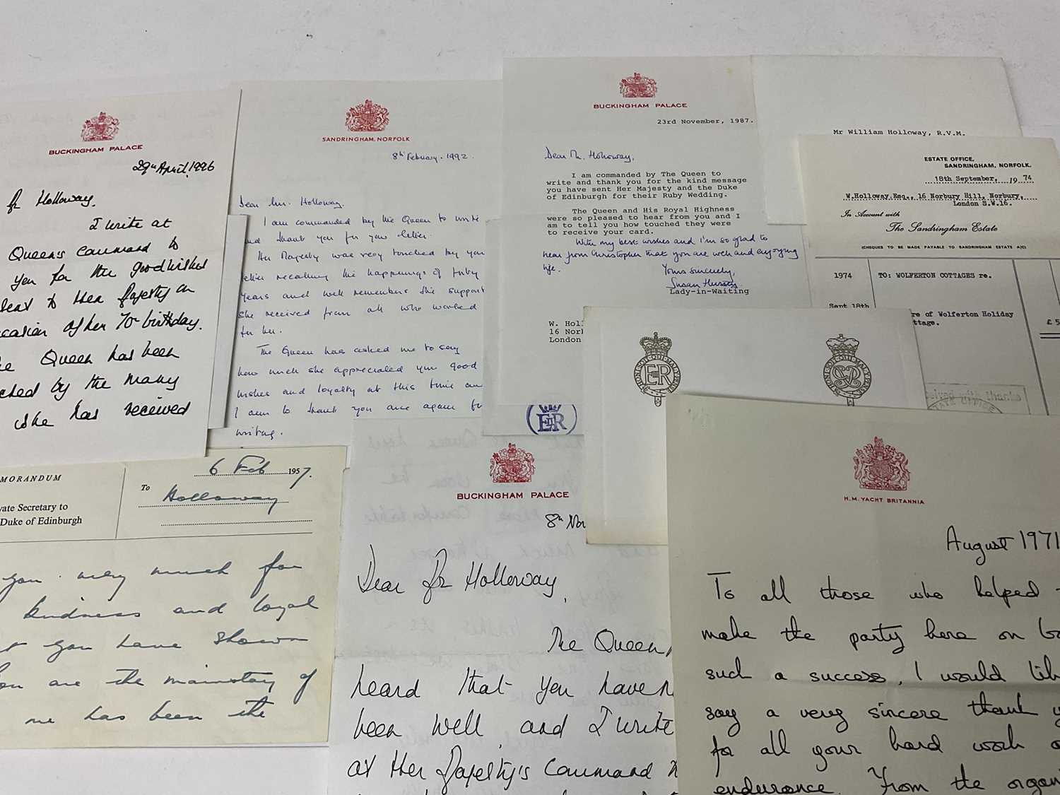 Lot 18 - Collection of Royal Letters written by The Queen's Ladies in Waiting thanking Mr William Holloway - The Duke of Edinburgh's retired Page