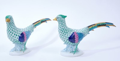 Lot 110 - Pair of Herend porcelain models of pheasants, decorated predominantly in green, marks and model numbers 5175 and 5178 to bases, 33cm from head to tail
