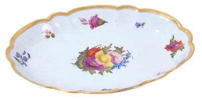 Lot 113 - Worcester Barr, Flight & Barr porcelain dish of lobed oval form, finely painted with floral sprays, probably by William Billingsley, with gilt lined rim, stamped and impressed marks to base, 28cm a...