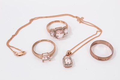 Lot 57 - 9ct rose gold gem set pendant on chain, together with a similar style ring and two other 9ct rose gold rings (4)