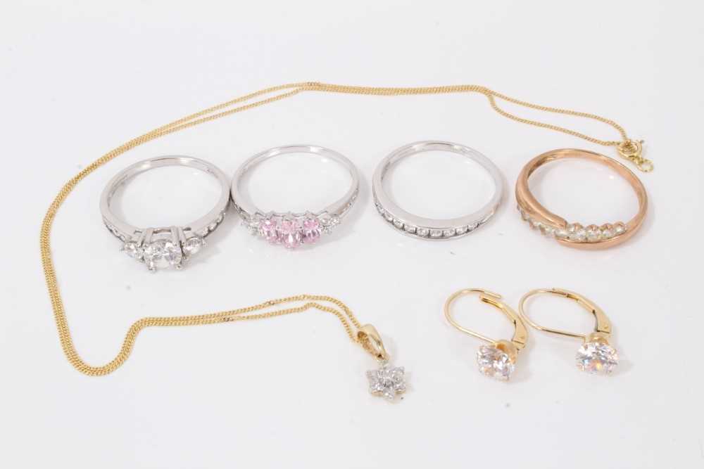 Lot 60 - Group of 14ct gold to include three white gold gem set dress rings, rose gold gem set dress ring, pair gem set earrings and necklace