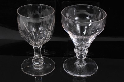 Lot 116 - Set of four 19th century glass rummers, with facet-cut ogee bowls and knopped stems, 12cm high, together with two further 19th century glasses (6)
