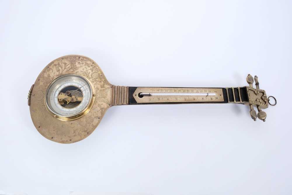 Lot 708 - Unusual 19th Century French Aneroid Barometer, thermometer in the form of a Mandolin