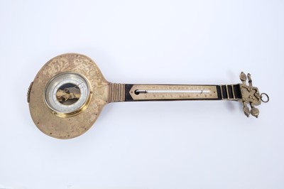 Lot 708 - Unusual 19th Century French Aneroid Barometer, thermometer in the form of a Mandolin