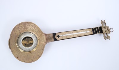 Lot 708 - Unusual 19th Century French Aneroid Barometer, thermometer in the form of a Mandolin