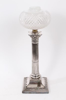 Lot 767 - 19th century silver plated candlestick, converted to a lamp, the stem of Corinthian column form, the square base decorated with swags, the cut glass shade of squat spherical form, the whole measuri...