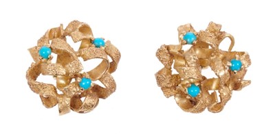 Lot 511 - Pair of 1960s Modernist 18ct gold earrings in the manner of Grima with textured gold ribbon design scattered with turquoise cabochons, sponsor's mark A.M.G. London 1967. In a Hooper Bolton of Londo...