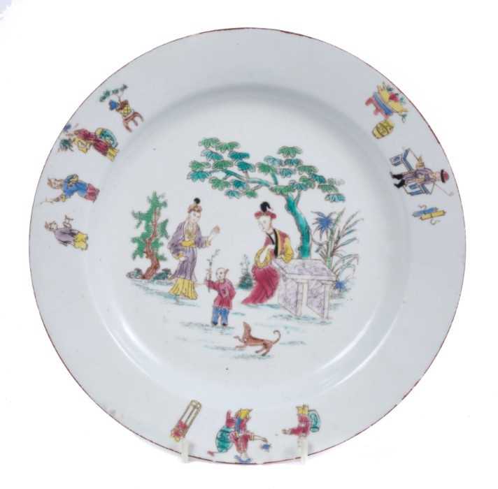 Lot 156 - A rare Bow plate, printed and painted in Chinese style, circa