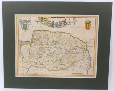 Lot 902 - Johannes Blaeu mid 17th century hand coloured map of Norfolk- Nortfolcia