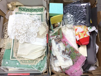 Lot 577 - Two boxes of mixed vintage items including packaged ties, silk scarves, lingerie, lace, crochet and embroidered table linens etc.