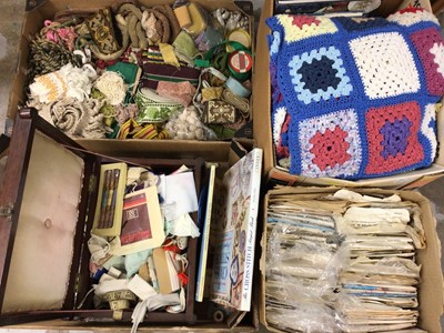 Lot 576 - Vintage haberdashery in four boxes including needlework items, 1950's - 80's clothing patterns, soft furnishing's trims and braids, lace books and patterns, turned bobbins with spangles etc.