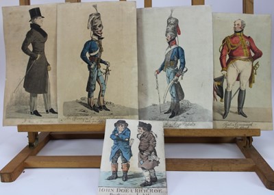 Lot 1118 - Richard Dighton (1795-1880) group of five hand coloured etchings, including A view of Devonshire, An Officer of the 7th or Queen's Hussars, An officer of the 15th or Kings Hussars, John Doe and Ric...