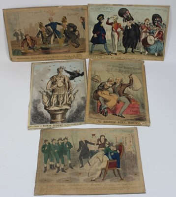 Lot 1119 - Group of five 19th century satirical cartoons, including three by William Heath - Anticipation 1829, Recruiting Party, The Noblest Roman of them all, also J Phillips - The Broom Girl Duet, 1830, an...