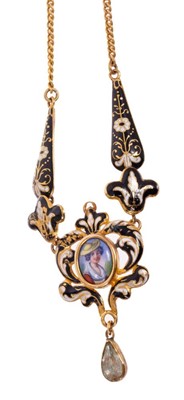 Lot 237 - Early/mid 19th century Swiss gold and enamel necklace with foil backed pear shape stone drop suspended from a finely enamelled plaque depicting a portrait of a young lady, with black and white enam...