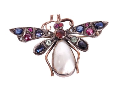 Lot 518 - Late 19th century gold and gem-set butterfly brooch with mother of pearl body and multi-gem set wings in silver and gold setting, 50mm.