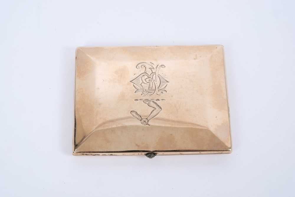 Lot 530 - Late Victorian 9ct rose gold cigarette case with engraved family crest and initials, the reverse engraved 'Gooseberry, April 23rd 1902' hallmarked London 1900, 89 x 69mm.