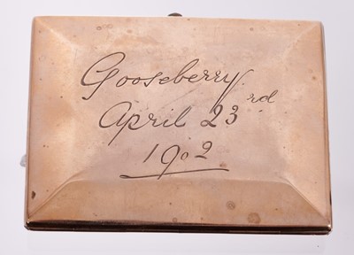 Lot 530 - Late Victorian 9ct rose gold cigarette case with engraved family crest and initials, the reverse engraved 'Gooseberry, April 23rd 1902' hallmarked London 1900, 89 x 69mm.