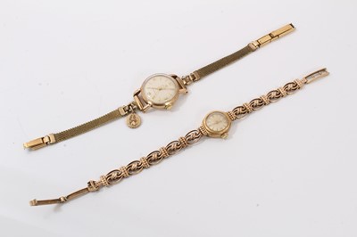 Lot 639 - Two ladies 9ct gold cased wristwatches, the Certina wristwatch on 9ct gold bracelet and the Cyma gold cased wristwatch on plated bracelet.