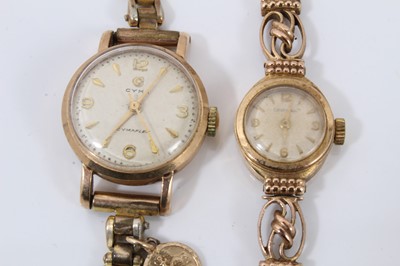 Lot 639 - Two ladies 9ct gold cased wristwatches, the Certina wristwatch on 9ct gold bracelet and the Cyma gold cased wristwatch on plated bracelet.