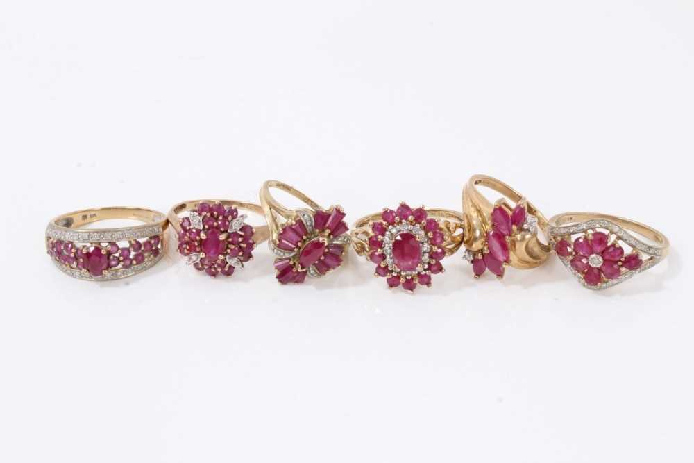 Lot 90 - Six 9ct gold red stone and diamond cluster rings