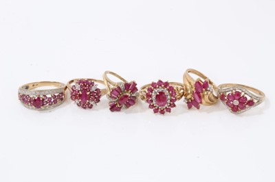 Lot 90 - Six 9ct gold red stone and diamond cluster rings
