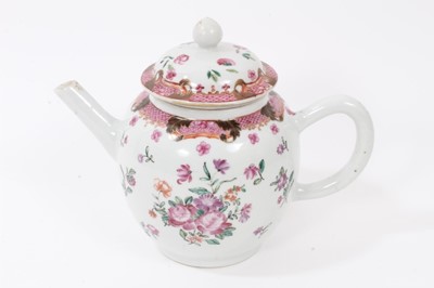 Lot 140 - Chinese famille rose export porcelain teapot and strainer, Qianlong period, decorated with floral sprays and patterned borders, 15cm high including cover