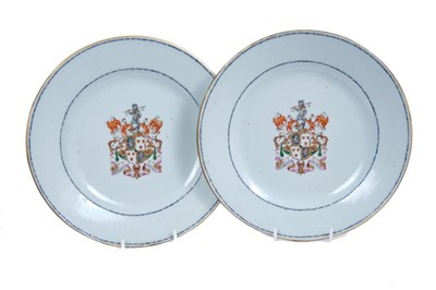 Lot 206 - A pair of Chinese Export plates, with the arms of Hay, quarterly, Earls of Kinnoull, beneath a Scotsman, circa 1780