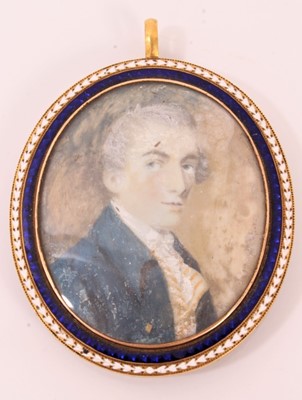 Lot 789 - Late 19th / early 20th century portrait miniature on ivory, depicting a gentleman in blue coat, oval, 4.3 x 3.6cm, in fine guilloché enamel glazed frame