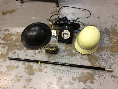 Lot 73 - Chinese censor, together with WWII helmet, another helmet, sweetheart brooch and cane for Royal artillery, telephone
