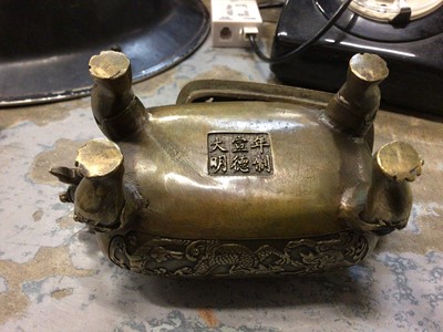 Lot 73 - Chinese censor, together with WWII helmet, another helmet, sweetheart brooch and cane for Royal artillery, telephone