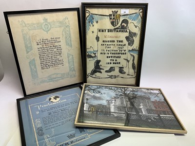 Lot 35 - H.M. Yacht 'Britannia' - three 1950s framed certificates awarded to William Holloway RVM - The Duke of Edinburgh's Page, Royal Yacht cap talley and badges and oil painting of Buckingham Palace