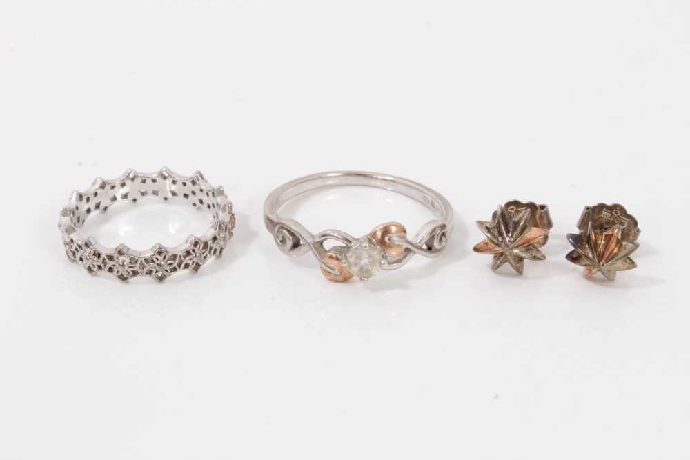 Lot 99 - Two Clogau silver rings including Tree of Life Anniversary ring set with a single white topaz, one other ring and pair of Clogau silver stud earrings