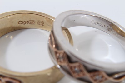 Lot 100 - Clogau 9ct gold diamond five stone ring in rose gold setting, together with a similar style Clogau silver diamond three stone ring (2)