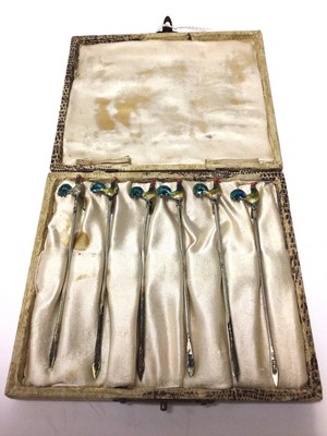 Lot 228 - Set of six George V silver and enamel cocktail sticks, the terminals in the form of Cockerels, (Birmingham 1927), maker A.S., in original fitted case, each 8.5cm in length.