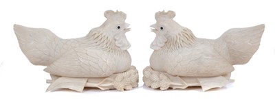 Lot 826 - Pair of Chinese ivory finely carved figures of roosting hens