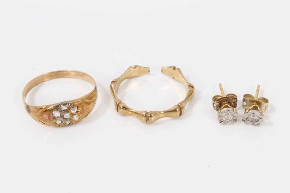 Lot 107 - Victorian yellow metal diamond cluster ring, pair diamond stud earrings and 9ct gold bamboo style ring