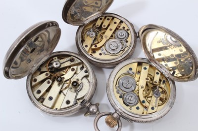 Lot 114 - Two silver cased half hunter pocket watches and three silver fob watches