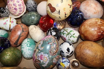 Lot 834 - Collection of large decorative eggs, including signed art glass eggs, wooden and specimen stone, together with various others