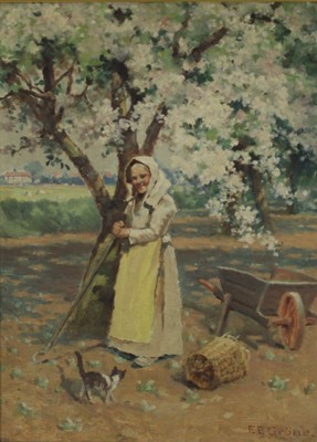 Lot 1273 - Ferdinand E Grone (1848-1920) oil on canvas, figure under a fruit tree, signed, gilt frame  
NB: Ferdinand E Grone ran an art school in Colchester