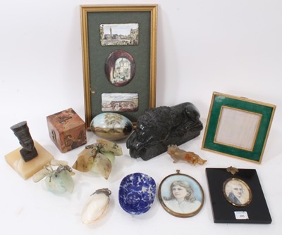 Lot 840 - Works of art to include guilloché enamel photo frame, 19th century Grand Tour serpentine carving of the Venetian lion, Chinese hardstone carving of chi-chi dog, other items