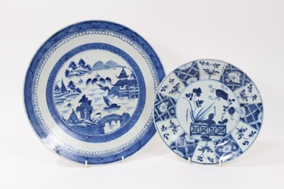 Lot 171 - Chinese blue and white dish, 19th century, painted with a landscape, 29.5cm diameter, together with a smaller 18th century export dish (2)