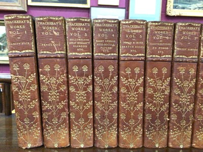 Lot 844 - Works of Thackeray, in thirteen volumes, published by Smith Elder & Co, 1902, good quality half calf binding