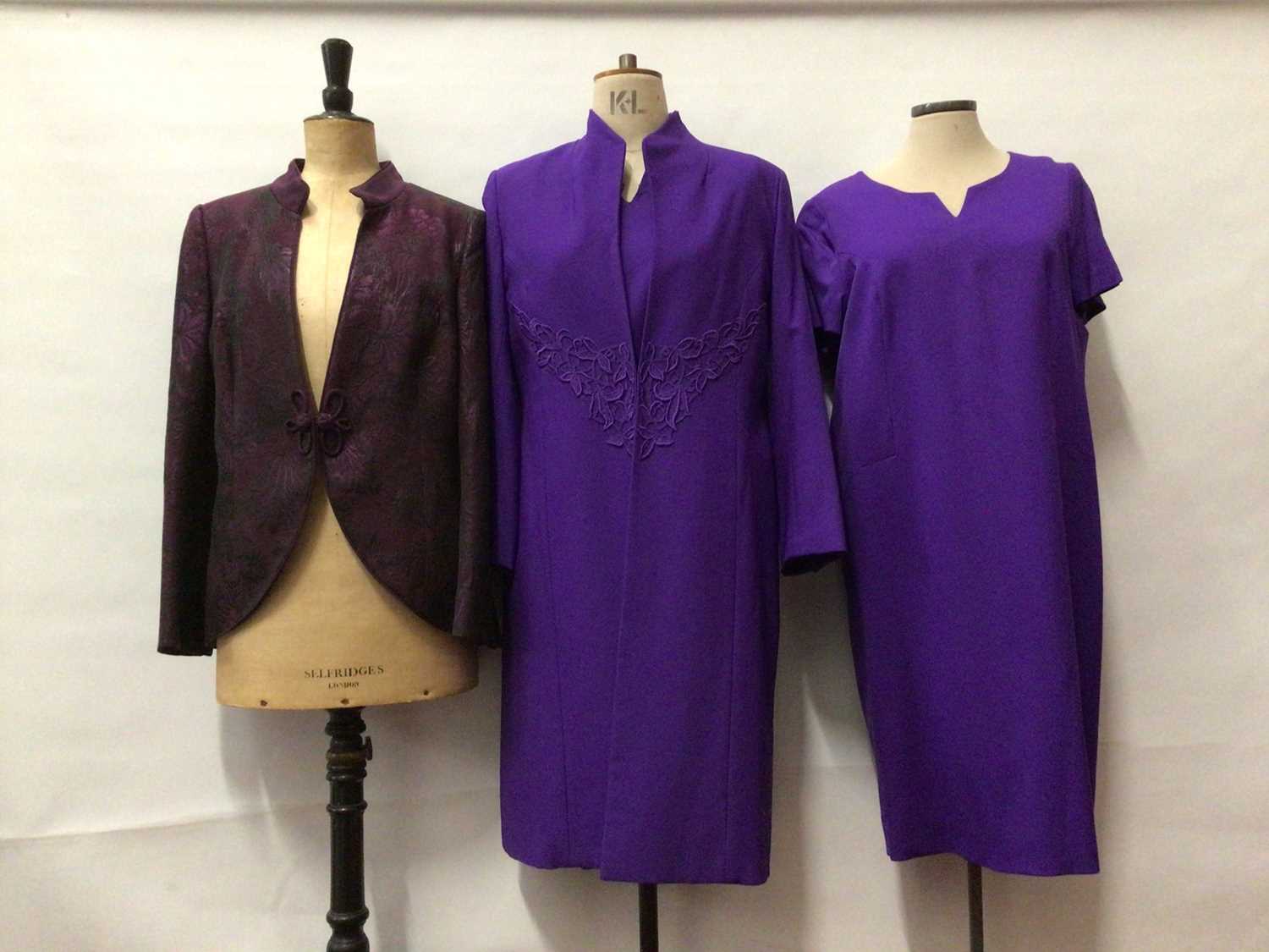 Lot 2124 - Designer Claire Thorogood clothing including green lace dress suit, evening jackets, dress suit etc, two Hardy Amies evening dresses.