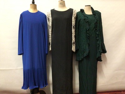 Lot 2124 - Designer Claire Thorogood clothing including green lace dress suit, evening jackets, dress suit etc, two Hardy Amies evening dresses.
