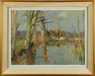 Lot 1026 - *Edward Wesson RI RBA 1910-1983 - Trees by lake