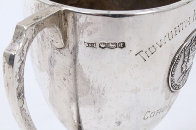 Lot 154 - 1930s silver two handled trophy cup engraved 'Tidworth Horse Show Coronation Cup 1937', 1st Prize Children's Ponies (Local) Presented by W.E. Chivers & Sons Ltd Devizes & Bulford' (Sheffield 1936