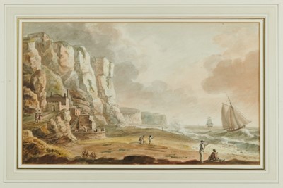 Lot 1201 - Copplestone Warre Bamfylde (1720-1791) watercolour - Fort under cliffs by the shore, apparently unsigned, 24cm x 39.5cm, in glazed gilt frame  
Provenance: The Fine Art Society, April 1965