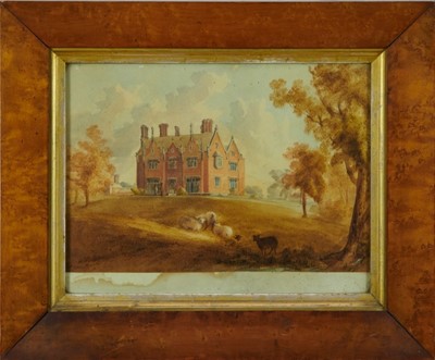 Lot 1261 - J. J. Ripley, mid 19th century, watercolour - Holt Hall, Norfolk, label verso, in glazed burr maple frame