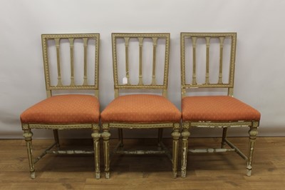 Lot 1314 - Set of three 19th century painted salon chairs, each with bar back and cushion seat on turned fluted supports